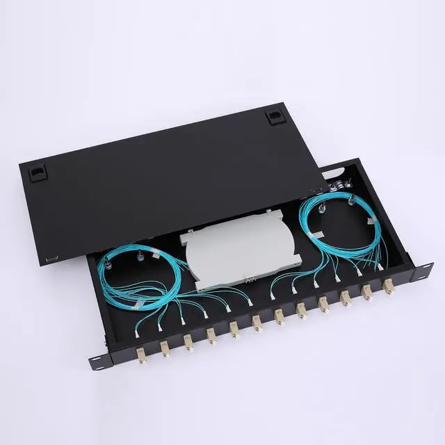 Main image of LC-OM3 12 Duplex 24 Port Fiber Enclosure Box - 1 RU Rack Mount Multimode LC-UPC Kit for 19" Racks - Includes Splice Trays, OM3 Pigtails Fiber Optic Cables, and LGX Loaded Patch Panel