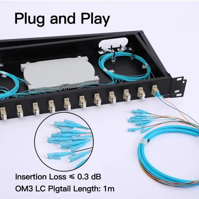 Alt view image 6 of 7 - LC-OM3 12 Duplex 24 Port Fiber Enclosure Box - 1 RU Rack Mount Multimode LC-UPC Kit for 19" Racks - Includes Splice Trays, OM3 Pigtails Fiber Optic Cables, and LGX Loaded Patch Panel