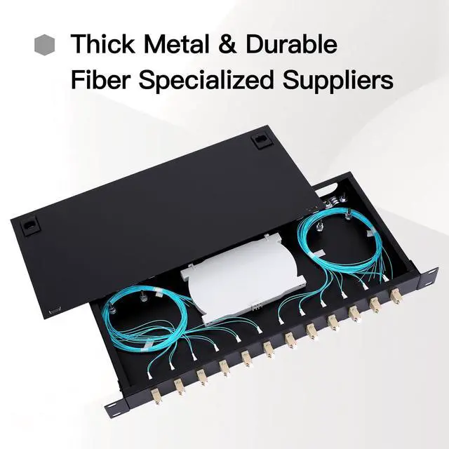 Alt view image 4 of 7 - LC-OM3 12 Duplex 24 Port Fiber Enclosure Box - 1 RU Rack Mount Multimode LC-UPC Kit for 19" Racks - Includes Splice Trays, OM3 Pigtails Fiber Optic Cables, and LGX Loaded Patch Panel