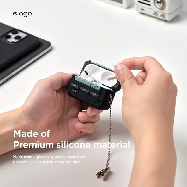 Alt view image 4 of 7 - Pager Case for AirPods Pro 2 | Chain Strap Included, Shock Resistant, Full Protection, for Men (Black)