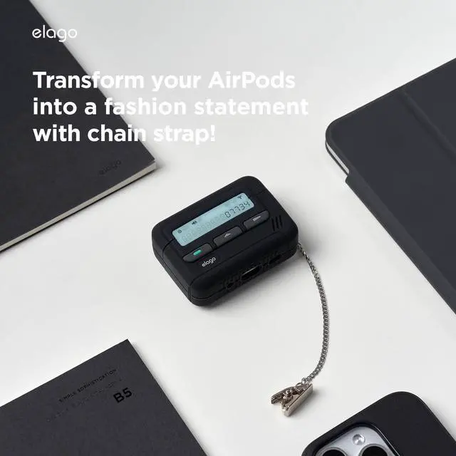 Alt view image 6 of 7 - Pager Case for AirPods Pro 2 | Chain Strap Included, Shock Resistant, Full Protection, for Men (Black)
