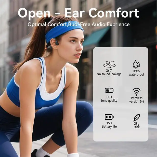 Alt view image 2 of 7 - Bone Conduction Headphones, Open Ear Headphones Bluetooth5.4 with Mic, 15H Playtime, IPX6 Sweat Resistant Wireless Earphones, for Workouts and Running, Orange