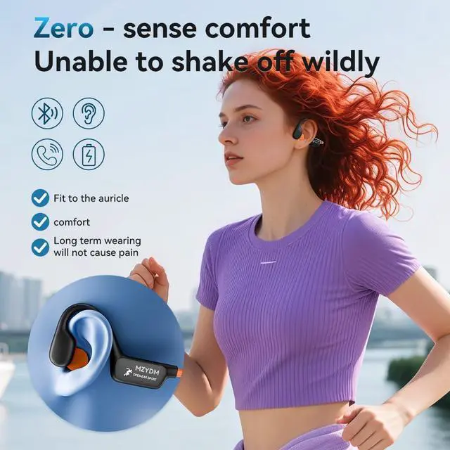 Alt view image 3 of 7 - Bone Conduction Headphones, Open Ear Headphones Bluetooth5.4 with Mic, 15H Playtime, IPX6 Sweat Resistant Wireless Earphones, for Workouts and Running, Orange