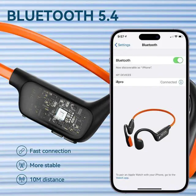 Alt view image 7 of 7 - Bone Conduction Headphones, Open Ear Headphones Bluetooth5.4 with Mic, 15H Playtime, IPX6 Sweat Resistant Wireless Earphones, for Workouts and Running, Orange