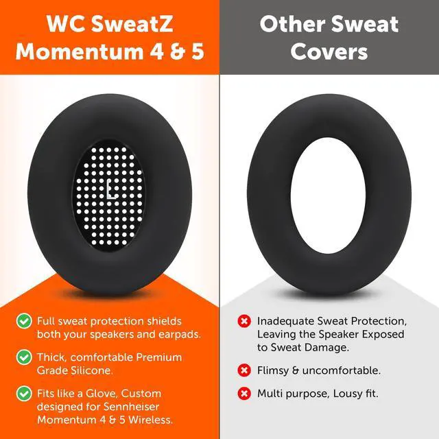 Alt view image 3 of 7 - SweatZ Momentum 4 & 5 - Patented Earpad Covers for Sennheiser Momentum 4 & 5 Wireless Over Ear Headphones by Wicked Cushions | Sweatproof & Easily Washable | Black