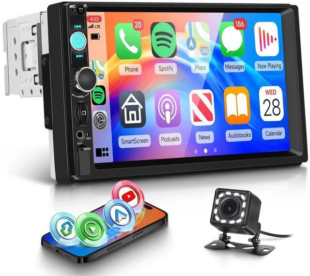 Main image of Single Din Car Stereo with Wireless Carplay Android Auto You-Tube, 7" IPS Touch Screen Car Radio 1 Din with Backup Camera Car Audio Receiver Support Mirror Link Bluetooth FM USB EQ SWC