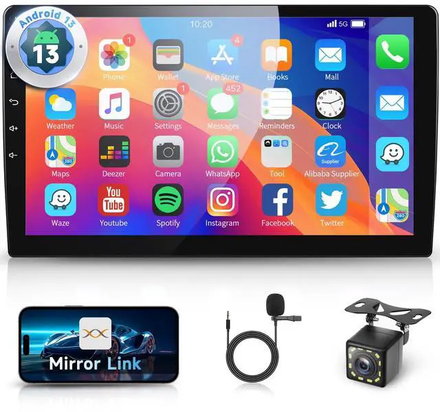 Main image of Android Car Radio 10.1 Inch with Bluetooth, Mirror Link, Double Din Touch Screen Car Radio with GPS Navigation, WiFi, DSP FM Radio, USB, SWC with Backup Camera