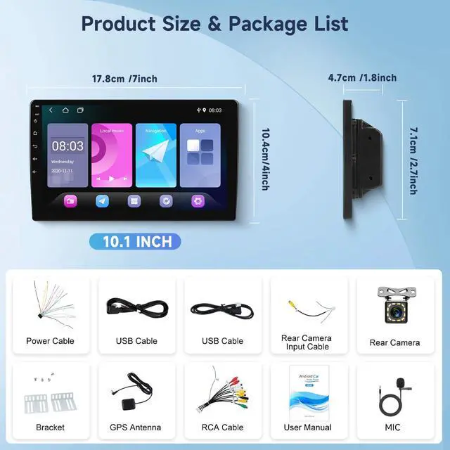 Alt view image 7 of 7 - Android Car Radio 10.1 Inch with Bluetooth, Mirror Link, Double Din Touch Screen Car Radio with GPS Navigation, WiFi, DSP FM Radio, USB, SWC with Backup Camera