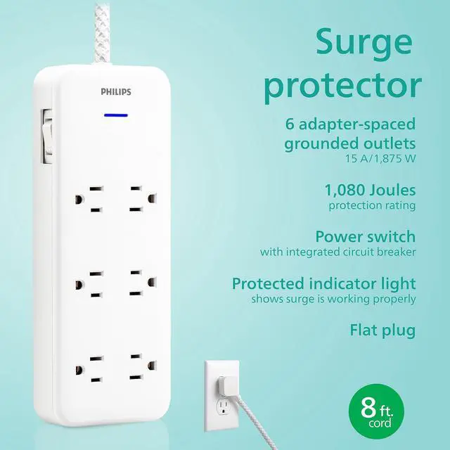 Alt view image 3 of 7 - Surge Protector Power Strip, 8 Ft Long Braided Extension Cord | 6 Outlet Extender (Wide Spaced), 1080 Joules, Flat Plug, On Off Switch, ETL Safety Certified, White, SPC6066WB/37