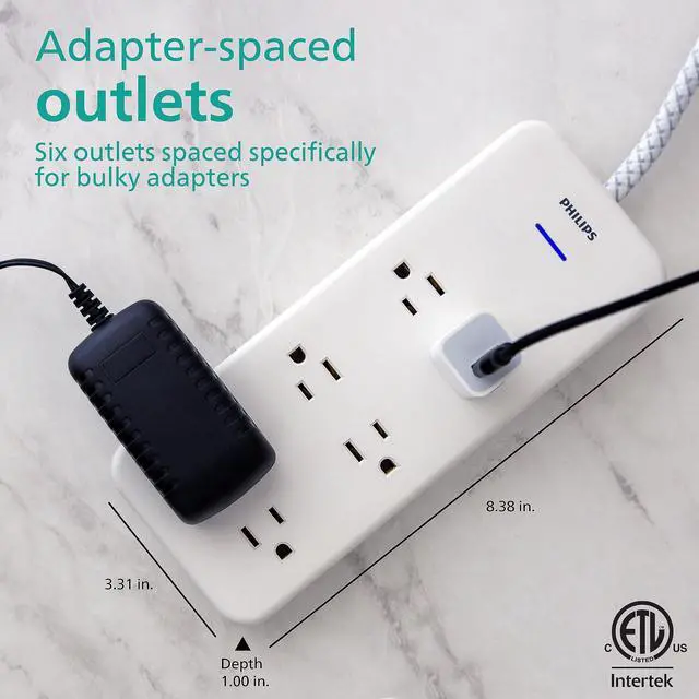 Alt view image 4 of 7 - Surge Protector Power Strip, 8 Ft Long Braided Extension Cord | 6 Outlet Extender (Wide Spaced), 1080 Joules, Flat Plug, On Off Switch, ETL Safety Certified, White, SPC6066WB/37