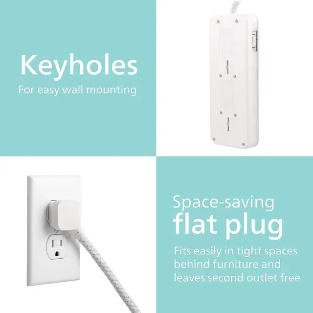 Alt view image 6 of 7 - Surge Protector Power Strip, 8 Ft Long Braided Extension Cord | 6 Outlet Extender (Wide Spaced), 1080 Joules, Flat Plug, On Off Switch, ETL Safety Certified, White, SPC6066WB/37