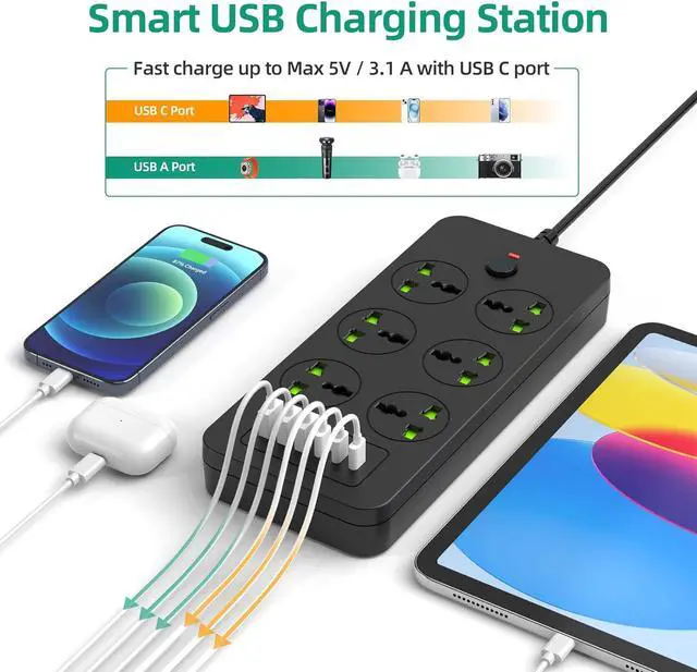 Alt view image 3 of 7 - Power Strip with 6 Universal Outlets 3 USB 3 USB C Ports, 3.1A, Overload Protection, 3000w, 110-240v, International Power Adapter for Home Office Travel Essentials, US Flat Plug, Black