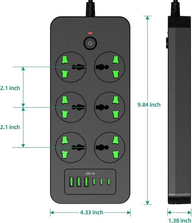 Alt view image 5 of 7 - Power Strip with 6 Universal Outlets 3 USB 3 USB C Ports, 3.1A, Overload Protection, 3000w, 110-240v, International Power Adapter for Home Office Travel Essentials, US Flat Plug, Black