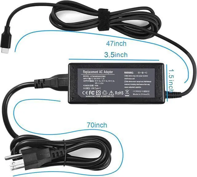 Alt view image 4 of 7 - 65W 45W USB-C Charger Fit for HP Pavilion 16t-af000, 16z-ag000, Aero Laptop 13-bg0087nr; Pavilion Plus 14-ew0047nr, 14-ey0047nr, 14t-ew000 Laptop Power Adapter Supply Cord
