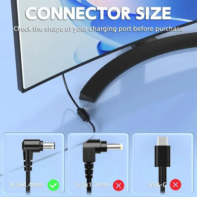 Alt view image 2 of 6 - 14V 3A 42W Monitor Power Adapter for Samsung 15-32 inch Displays | 6.5x4.4mm Right-Angle Tip, 106-Inch Long Cable, Compatible C32F391FWNXZA, Replaces AD-3014 BN44-00394K