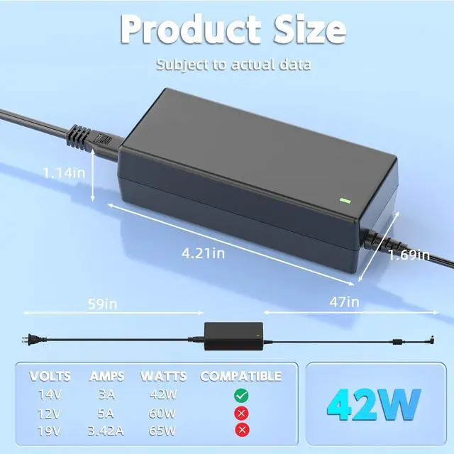 Alt view image 6 of 6 - 14V 3A 42W Monitor Power Adapter for Samsung 15-32 inch Displays | 6.5x4.4mm Right-Angle Tip, 106-Inch Long Cable, Compatible C32F391FWNXZA, Replaces AD-3014 BN44-00394K
