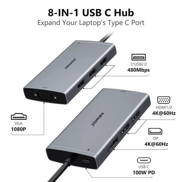 Alt view image 2 of 7 - USB C Docking Station Dual Monitor Computer Multiple Monitor Hub Adapter | Laptop Docking Station to Dual 4K HDMI,DisplayPort,VGA, 00W PD,3 USB for HP Dell Lenovo Thinkpad Surface Windows Laptops