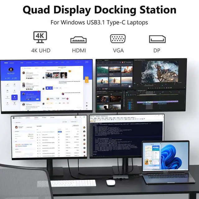 Alt view image 4 of 7 - USB C Docking Station Dual Monitor Computer Multiple Monitor Hub Adapter | Laptop Docking Station to Dual 4K HDMI,DisplayPort,VGA, 00W PD,3 USB for HP Dell Lenovo Thinkpad Surface Windows Laptops