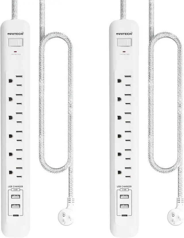 Main image of 2 Pack Power Strip Surge Protector - 6 Outlets 3 USB Charging Ports (1 USB C), 5Ft Extension Cord, Flat Plug, Overload Protection, Wall Mount for Office Home, Dorm Room White