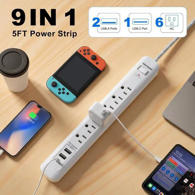 Alt view image 2 of 7 - 2 Pack Power Strip Surge Protector - 6 Outlets 3 USB Charging Ports (1 USB C), 5Ft Extension Cord, Flat Plug, Overload Protection, Wall Mount for Office Home, Dorm Room White