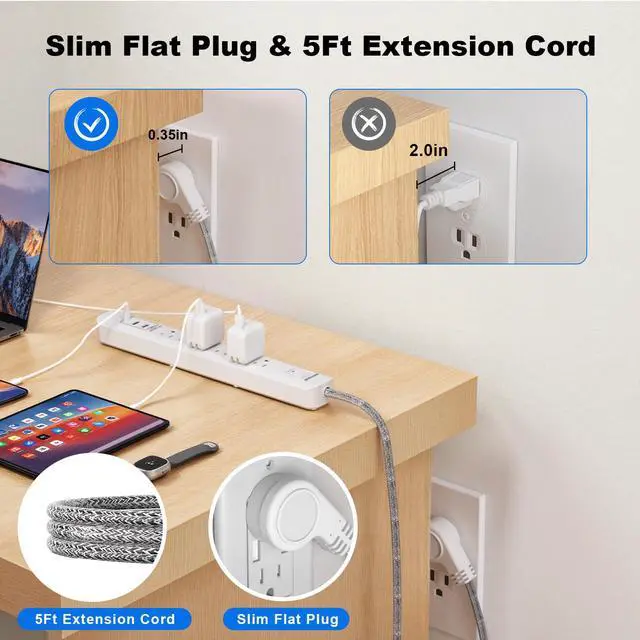 Alt view image 3 of 7 - 2 Pack Power Strip Surge Protector - 6 Outlets 3 USB Charging Ports (1 USB C), 5Ft Extension Cord, Flat Plug, Overload Protection, Wall Mount for Office Home, Dorm Room White