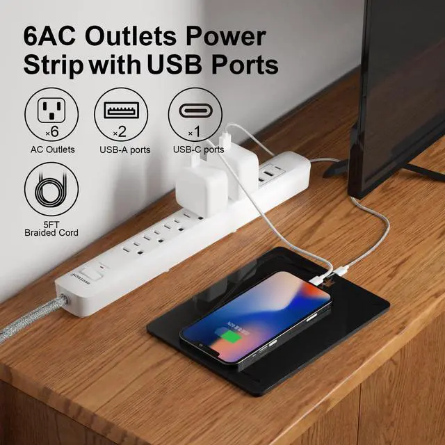 Alt view image 4 of 7 - 2 Pack Power Strip Surge Protector - 6 Outlets 3 USB Charging Ports (1 USB C), 5Ft Extension Cord, Flat Plug, Overload Protection, Wall Mount for Office Home, Dorm Room White