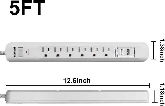 Alt view image 6 of 7 - 2 Pack Power Strip Surge Protector - 6 Outlets 3 USB Charging Ports (1 USB C), 5Ft Extension Cord, Flat Plug, Overload Protection, Wall Mount for Office Home, Dorm Room White