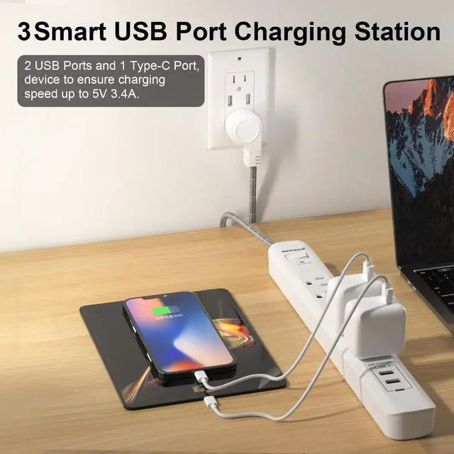 Alt view image 5 of 7 - 2 Pack Power Strip Surge Protector - 6 Outlets 3 USB Charging Ports (1 USB C), 5Ft Extension Cord, Flat Plug, Overload Protection, Wall Mount for Office Home, Dorm Room White
