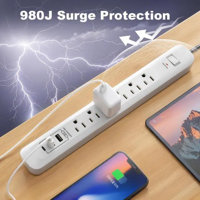 Alt view image 7 of 7 - 2 Pack Power Strip Surge Protector - 6 Outlets 3 USB Charging Ports (1 USB C), 5Ft Extension Cord, Flat Plug, Overload Protection, Wall Mount for Office Home, Dorm Room White