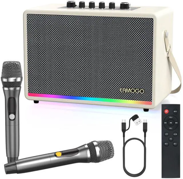 Main image of Portable Bluetooth Speaker with 2 Wireless Mics | 70W Peak Deep Bass Birchwood Cabinet | Bluetooth PA System for Outdoor Camping, Backyard| Dynamic LED Lights USB/AUX/OTG Rechargeable Battery (White)