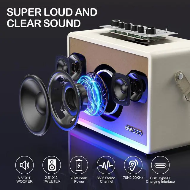Alt view image 2 of 7 - Portable Bluetooth Speaker with 2 Wireless Mics | 70W Peak Deep Bass Birchwood Cabinet | Bluetooth PA System for Outdoor Camping, Backyard| Dynamic LED Lights USB/AUX/OTG Rechargeable Battery (White)