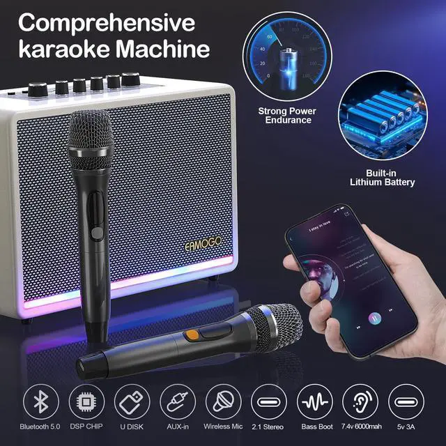 Alt view image 3 of 7 - Portable Bluetooth Speaker with 2 Wireless Mics | 70W Peak Deep Bass Birchwood Cabinet | Bluetooth PA System for Outdoor Camping, Backyard| Dynamic LED Lights USB/AUX/OTG Rechargeable Battery (White)