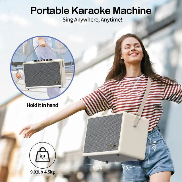 Alt view image 6 of 7 - Portable Bluetooth Speaker with 2 Wireless Mics | 70W Peak Deep Bass Birchwood Cabinet | Bluetooth PA System for Outdoor Camping, Backyard| Dynamic LED Lights USB/AUX/OTG Rechargeable Battery (White)