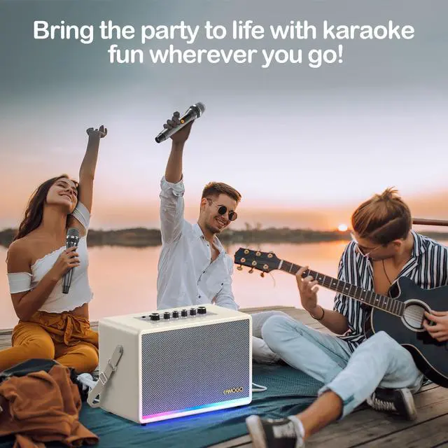 Alt view image 7 of 7 - Portable Bluetooth Speaker with 2 Wireless Mics | 70W Peak Deep Bass Birchwood Cabinet | Bluetooth PA System for Outdoor Camping, Backyard| Dynamic LED Lights USB/AUX/OTG Rechargeable Battery (White)