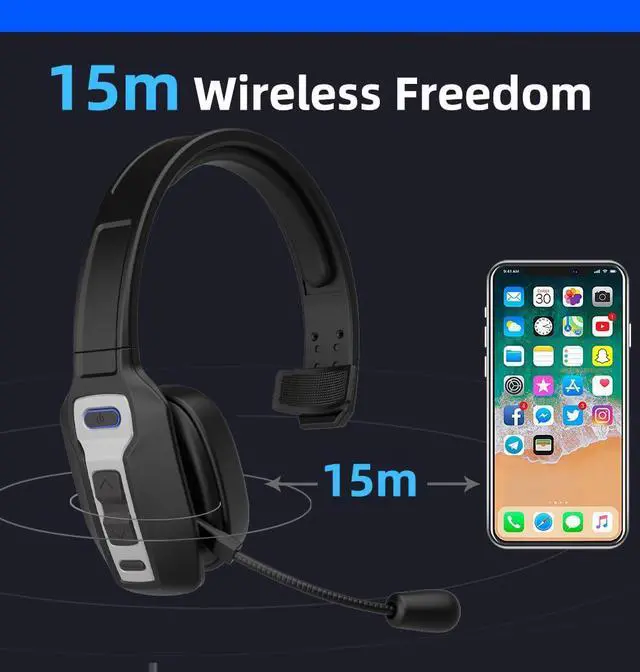 Alt view image 6 of 7 - Bluetooth Headset with Microphone,Noise Cancelling with Mute Button, Very Strong Wireless Range, All-Day Comfort On Ear Headphones 60 Hrs Working time for Trucker/Work/PC/Call Center/Meeting/Office