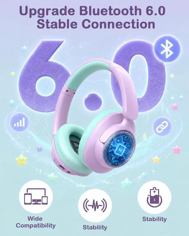 Alt view image 5 of 7 - Active Noise Cancelling Wireless Kids Headphones, Kids Bluetooth 6.0 Headphones, Safe Volume 94dBA Headphones for Kids, 100H Playtime, Type C Fast Charging, LED for iPad, School, Travel