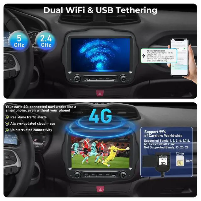 Alt view image 4 of 7 - Android Car Radio for Jeep Renegade 2015-2023, 9" QLED Touchscreen Car Stereo Upgrade with CarPlay Android Auto, Support SWC,GPS Navi,WiFi/4G,AM/FM/RDS,Bluetooth (Octa-Core 4+64GB)