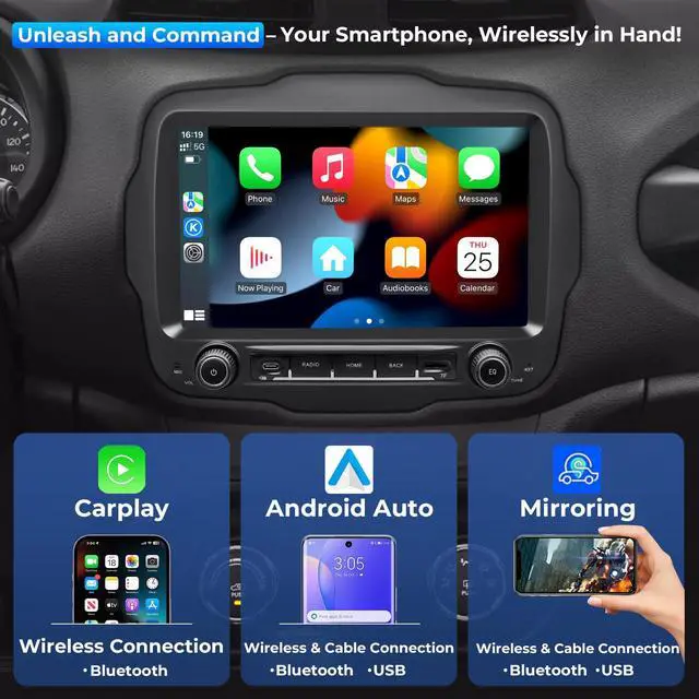 Alt view image 3 of 7 - Android Car Radio for Jeep Renegade 2015-2023, 9" QLED Touchscreen Car Stereo Upgrade with CarPlay Android Auto, Support SWC,GPS Navi,WiFi/4G,AM/FM/RDS,Bluetooth (Octa-Core 4+64GB)