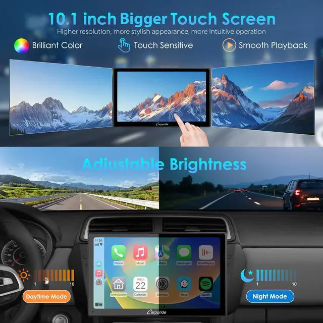 Alt view image 2 of 7 - 10.1" Double Din Car Stereo with CarPlay & Android Auto Car Radio | HD Floating Touchscreen Car Audio Receivers with Bluetooth, EQ Subwoofer, Mirror Link, SWC, Backup Camera,AUX, AM/FM Radio