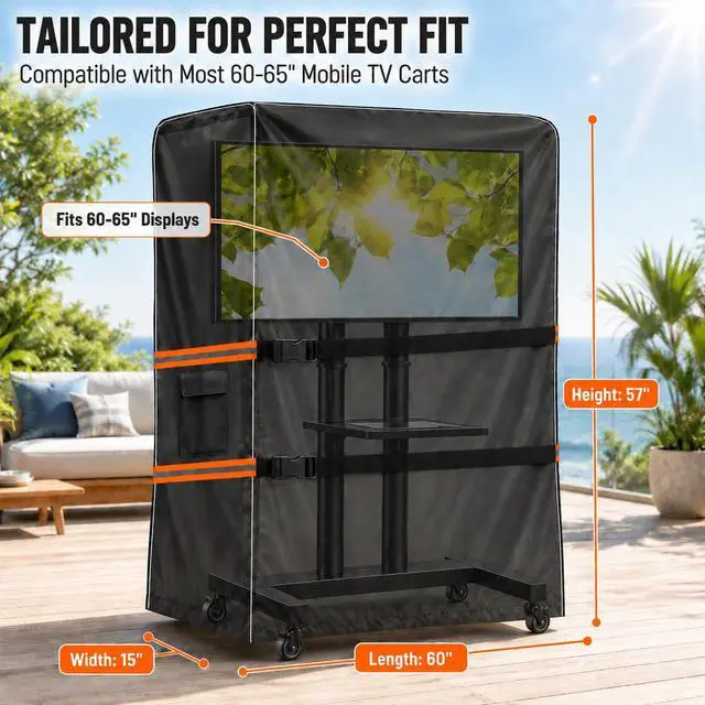 Alt view image 2 of 7 - Outdoor TV Trolley Cover for 60-65 Inch Screen, Heavy Duty 600D Waterproof Rolling TV Stand Cover, Weatherproof Mobile TV Cart on Wheels Protector with Remote Pocket, Black 60"x15"x57"