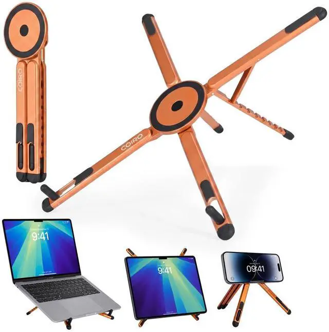 Main image of 3-in-1 Magnetic Foldable Laptop Stand and Phone Stand for Desk Aluminum Alloy Adjustable Holder 1016 Laptops & 413 Phones/Tablets, Magnetic Compatible with iPhone Android, Orange