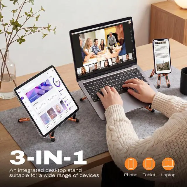 Alt view image 2 of 7 - 3-in-1 Magnetic Foldable Laptop Stand and Phone Stand for Desk Aluminum Alloy Adjustable Holder 1016 Laptops & 413 Phones/Tablets, Magnetic Compatible with iPhone Android, Orange