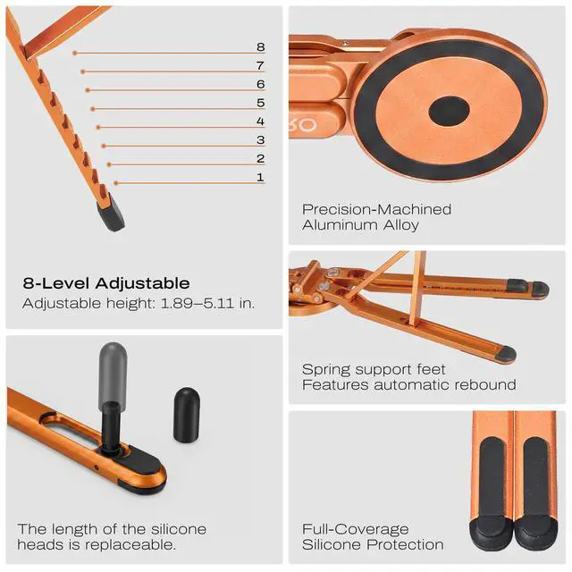 Alt view image 7 of 7 - 3-in-1 Magnetic Foldable Laptop Stand and Phone Stand for Desk Aluminum Alloy Adjustable Holder 1016 Laptops & 413 Phones/Tablets, Magnetic Compatible with iPhone Android, Orange