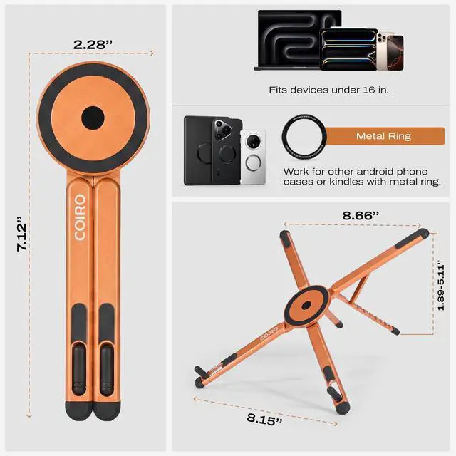 Alt view image 6 of 7 - 3-in-1 Magnetic Foldable Laptop Stand and Phone Stand for Desk Aluminum Alloy Adjustable Holder 1016 Laptops & 413 Phones/Tablets, Magnetic Compatible with iPhone Android, Orange