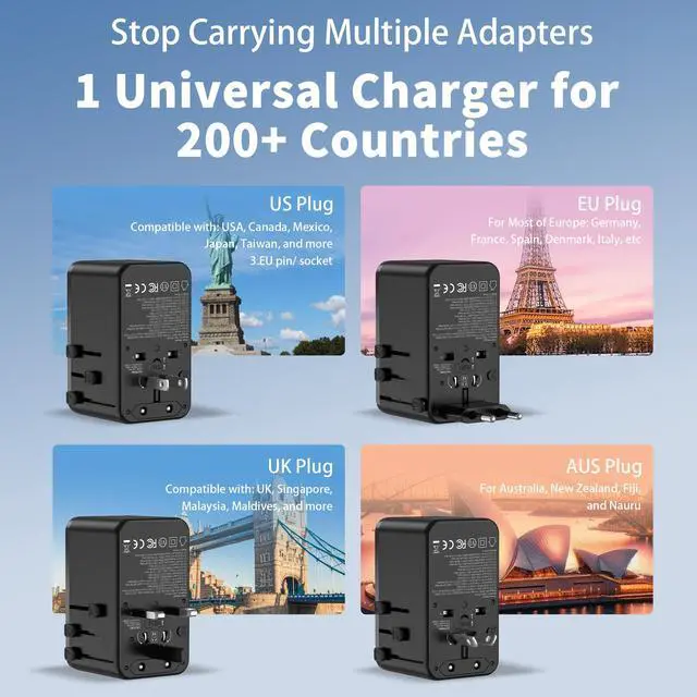 Alt view image 4 of 7 - 100W GaN Universal Travel Adapter - 6-in-1 International Plug Adapter Wall Charger for 200+ Countries, Built-in USB-C Cable Multi Port Fast Charging Worldwide - US/EU/UK/AUS