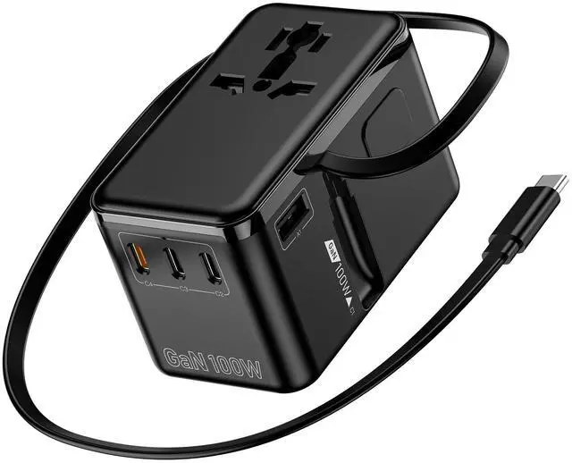 Main image of 100W GaN Universal Travel Adapter - 6-in-1 International Plug Adapter Wall Charger for 200+ Countries, Built-in USB-C Cable Multi Port Fast Charging Worldwide - US/EU/UK/AUS