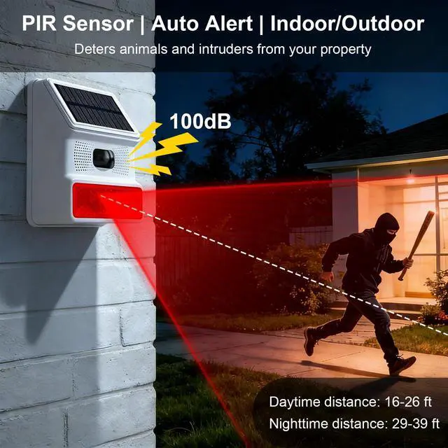Alt view image 4 of 7 - Solar Motion Sensor Alarm Outdoor Infrared Sound & Light Alarm, 100 dB Siren Sound Alert 14 Sounds, Red Flashing Warning Strobe Security Light for Outdoor/Indoor Villa Yard Barn Farm Garden