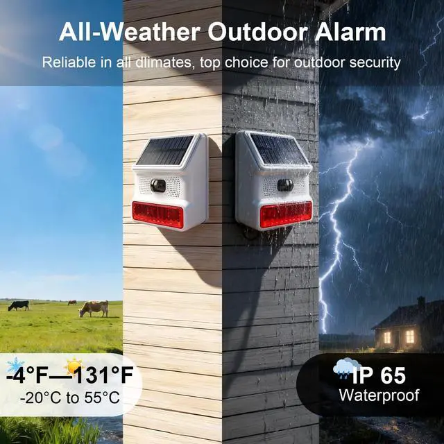 Alt view image 5 of 7 - Solar Motion Sensor Alarm Outdoor Infrared Sound & Light Alarm, 100 dB Siren Sound Alert 14 Sounds, Red Flashing Warning Strobe Security Light for Outdoor/Indoor Villa Yard Barn Farm Garden