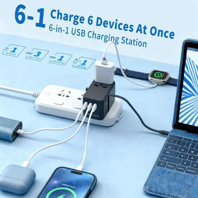 Alt view image 6 of 7 - 100W GaN Universal Travel Adapter - 6-in-1 International Plug Adapter Wall Charger for 200+ Countries, Built-in USB-C Cable Multi Port Fast Charging Worldwide - US/EU/UK/AUS