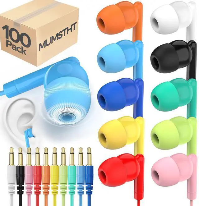 Main image of Bulk Earbuds 100 Pack | Basic Ear Bud,10 Colors Dot in-Ear Earphones,Disposable Headphones,Class Set for Students,Earphones for Kids, School,Classroom,Library,Wired Earbuds(YS103)